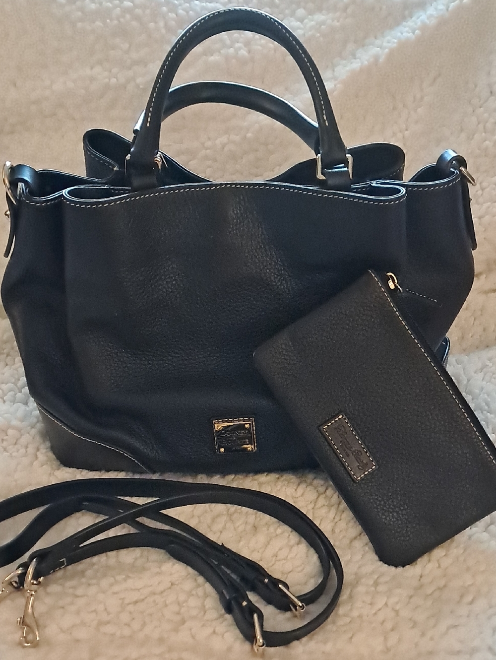 Dooney & Bourke Black Pebbled Leather Satchel with Wristlet and Strap